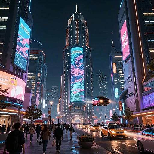Neon-lit, bustling urban night scene photograph of a city street with towering buildings, vibrant digital billboards, crowds, yellow taxis, and street