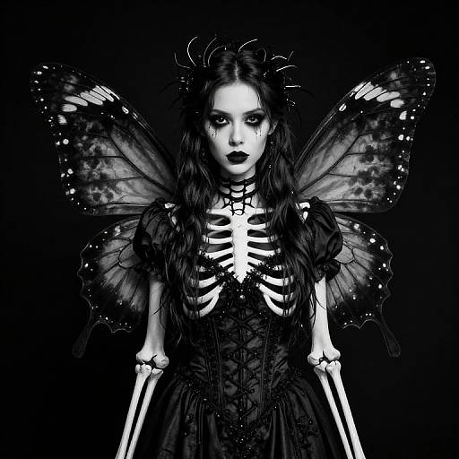 Digital black-and-white gothic illustration of a pale woman with dark hair, skeleton dress, and translucent butterfly wings, staring intensely.