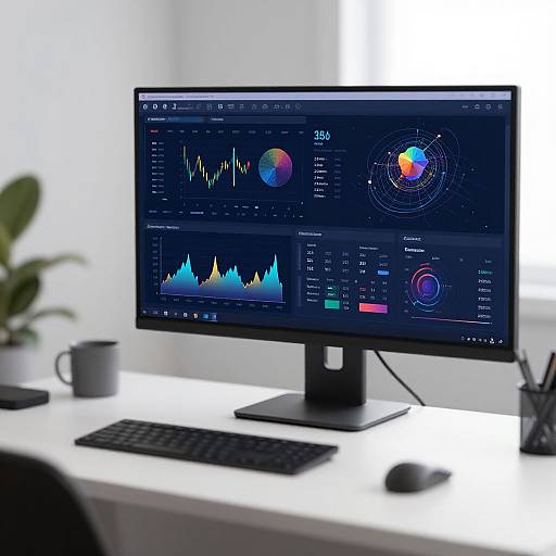 Photograph of a modern desk with a black monitor displaying colorful analytics charts, keyboard, mouse, white table, mug, and potted plant. Bright