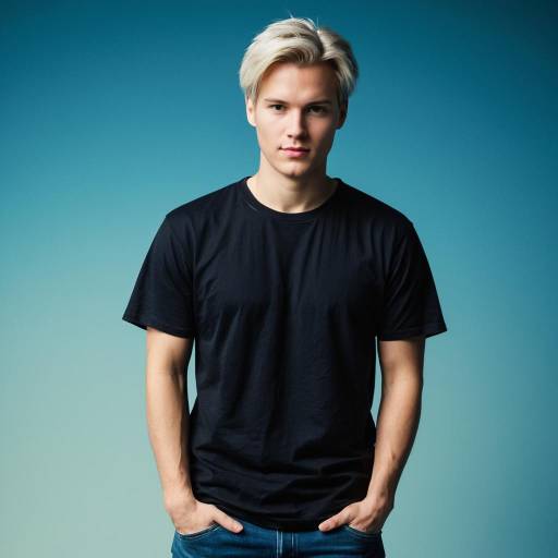 Young man in black t-shirt and blue jeans