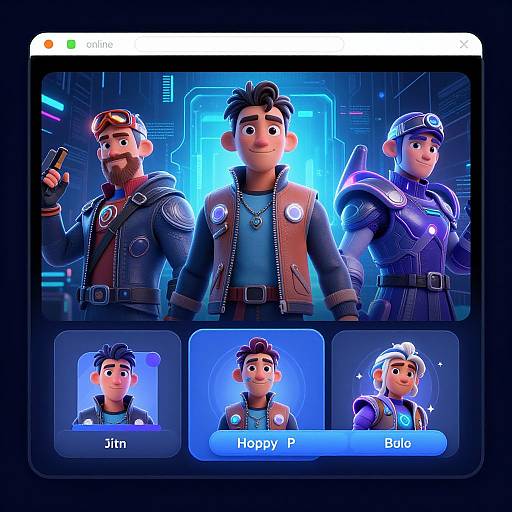 Digital art of three cartoon-style characters with sci-fi gear, displayed on a tablet screen with 