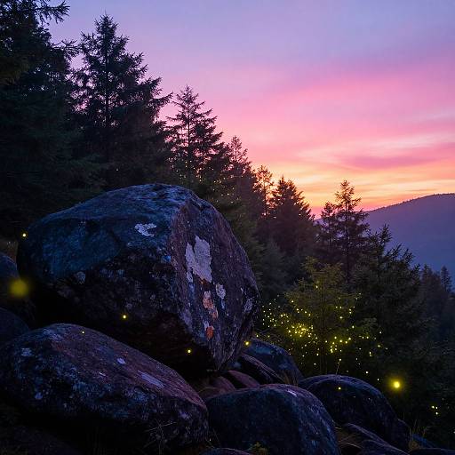 Photograph of a sunset over a forest, with large dark rocks in the foreground, silhouetted trees, and glowing fireflies.