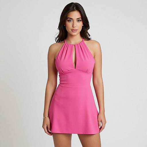 Photograph of a young woman with olive skin, dark wavy hair, and brown eyes, wearing a bright pink halter dress with a keyhole