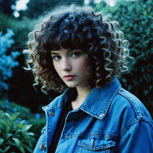 Woman with Curly Fringe Hairstyle in Denim Jacket