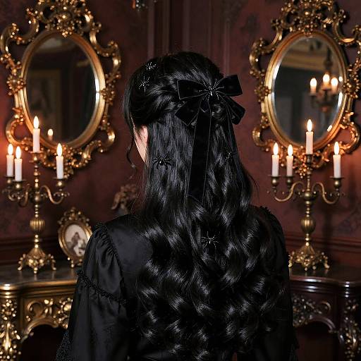 Photograph of a woman with long, black, braided hair and a black ribbon, standing in front of ornate, gold-framed mirrors with
