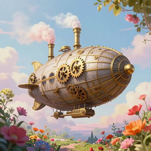 Whimsical steampunk airship with brass gears and smokestacks, floating above vibrant, blooming flowers under a bright blue sky with fluffy