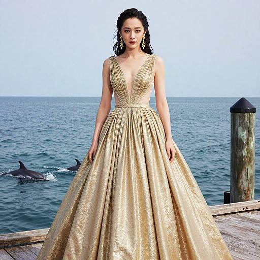 Photograph of an Asian woman with dark hair in a gold, deep V-neck ball gown standing on a wooden pier by the ocean, with a dolphin