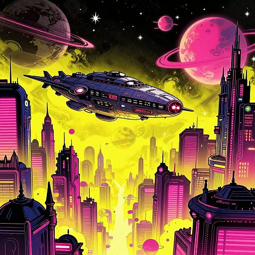 Vibrant digital artwork of a futuristic cityscape with neon-lit skyscrapers, glowing yellow sky, and a sleek, alien spaceship flying above