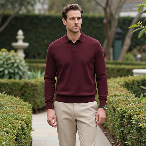 Photograph of a handsome man with dark hair, wearing a maroon polo shirt and beige pants, standing in a well-manicured garden.