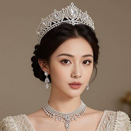 Photograph of an East Asian woman with fair skin, black braided hair, wearing an ornate silver tiara, diamond earrings, necklace, and