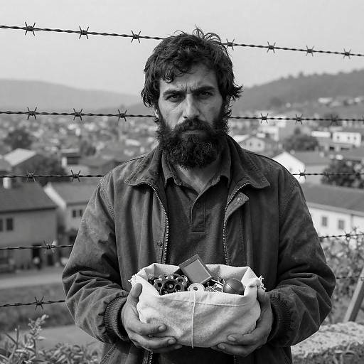Serious Bearded Man Behind Barbed Wire