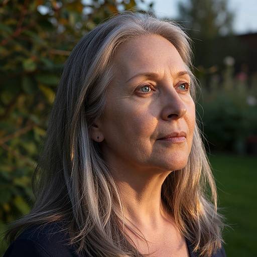 Photograph of a middle-aged woman with long, silver-gray hair, light skin, and blue eyes, standing outdoors in sunlight, smiling subtly, with