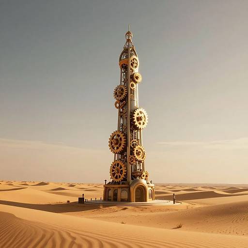 Photograph of a tall, intricate, gear-filled clock tower standing alone in a vast, sandy desert with a clear, sunset sky.