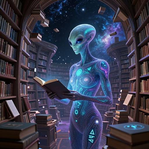 Digital artwork of a glowing, alien humanoid reading a book in a starry, cosmic library filled with floating books.