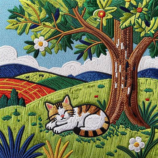Embroidered Kitten Under Tree of Life
