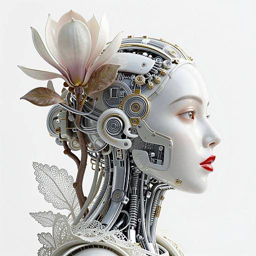Digital artwork of a cybernetic woman with a white face, red lips, and a mechanical head adorned with a large white magnolia flower and intricate