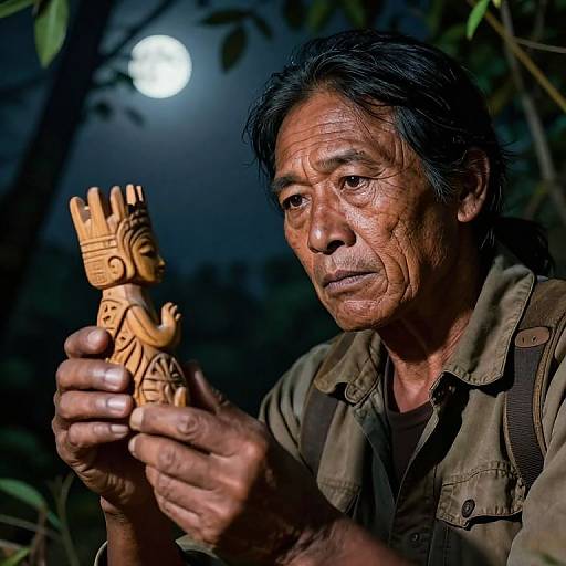 Photograph of an elderly Asian man with weathered skin, holding a carved wooden statue under a moonlit forest night, wearing a brown jacket.