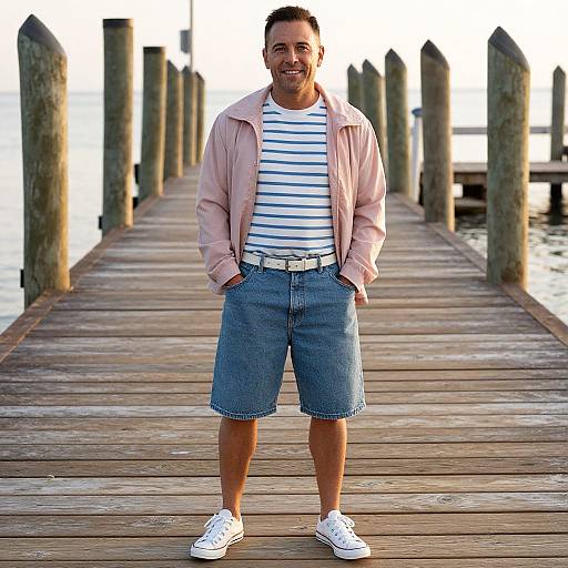 Photograph of a smiling man with short dark hair, wearing a pink jacket, white striped shirt, denim shorts, and white sneakers, standing on a