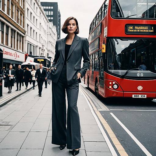 Woman in Grey Suit with Double-Decker Bus on London Street