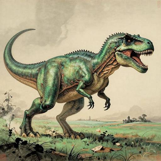 Digital illustration of a roaring green dinosaur with scales, standing in a grassy field under a cloudy sky. Detailed textures and shading. Background includes distant trees