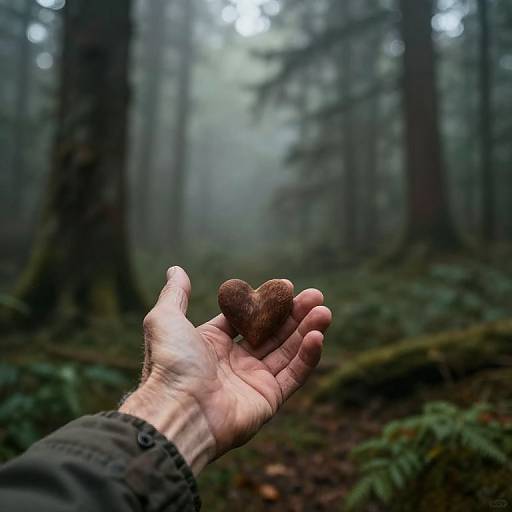 Photograph of a weathered hand holding two small, brown mushrooms in a misty, dense forest with tall, blurred trees in the background.