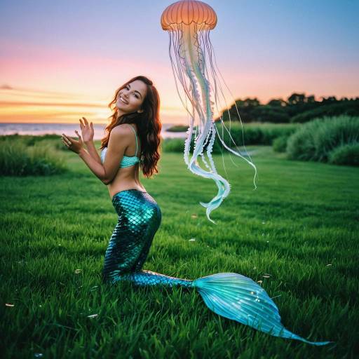 Playful Mermaid with Bioluminescent Jellyfish at Sunset