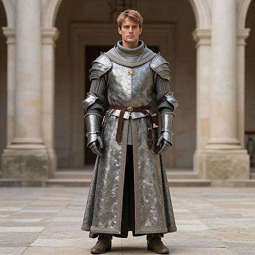 Photograph of a young, serious-looking man in full medieval silver armor with a belted tunic, standing in a stone courtyard with arched columns