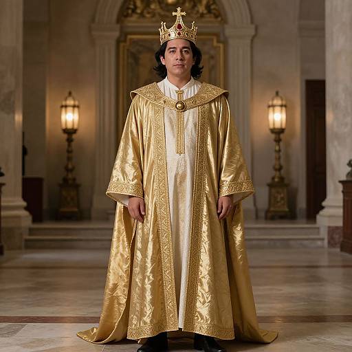 Photograph of a young man with medium-length black hair, wearing a gold crown and ornate golden robe with intricate embroidery, standing in a grand,