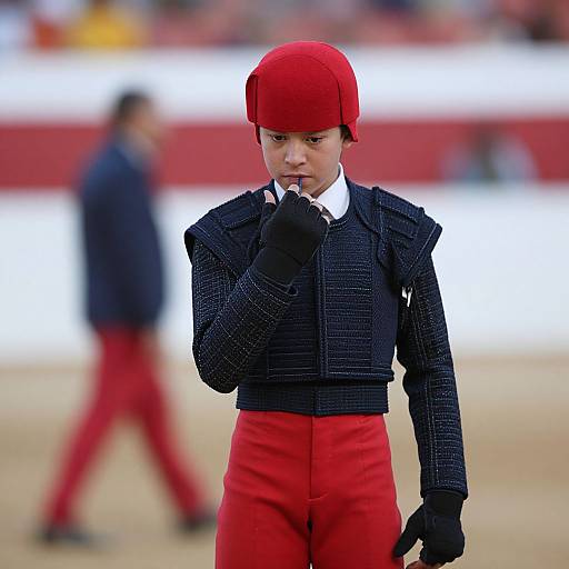 Photograph of a male equestrian in a red helmet, black textured jacket, white shirt, red pants, and black gloves, standing thoughtfully
