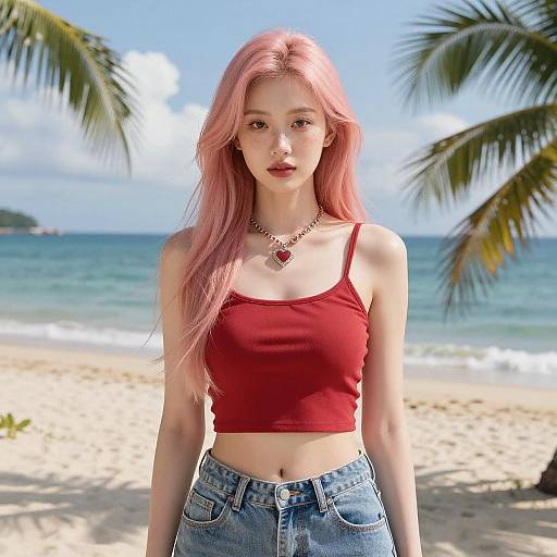 Tropical Beach Scene with Young Woman