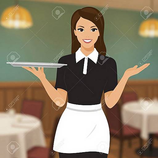 Digital illustration of a smiling female waitress with brown hair, black uniform, white apron, holding a tray in a warmly lit restaurant.