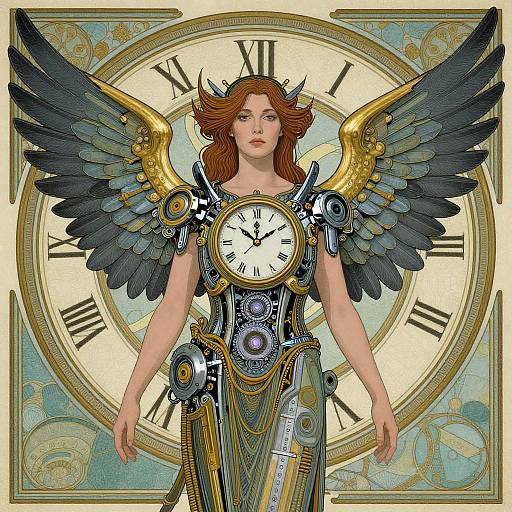 Digital illustration of a red-haired angelic woman with black and gold wings, wearing steampunk clock armor, standing before a large Roman numeral clock background