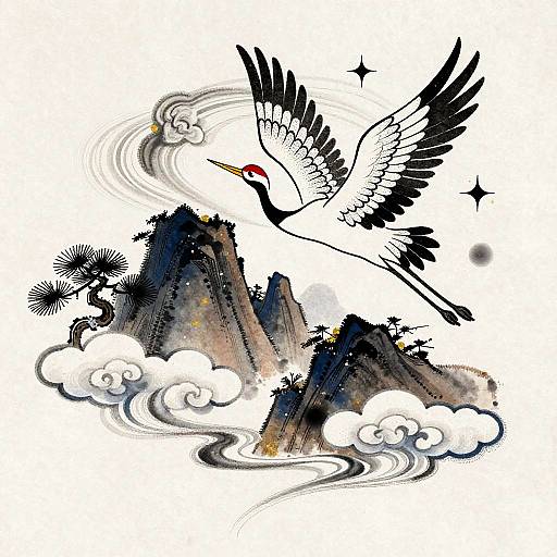 Digital illustration of a black and white crane with a red beak, soaring over towering mountains surrounded by swirling clouds.