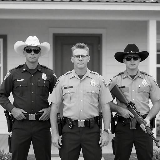 Black-and-White Lawmen in Front of Building