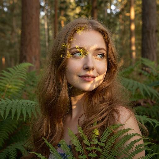 Photograph of a young woman with long brown hair, green eyes, and fair skin, standing in a sunlit forest. Ferns and sunlight create