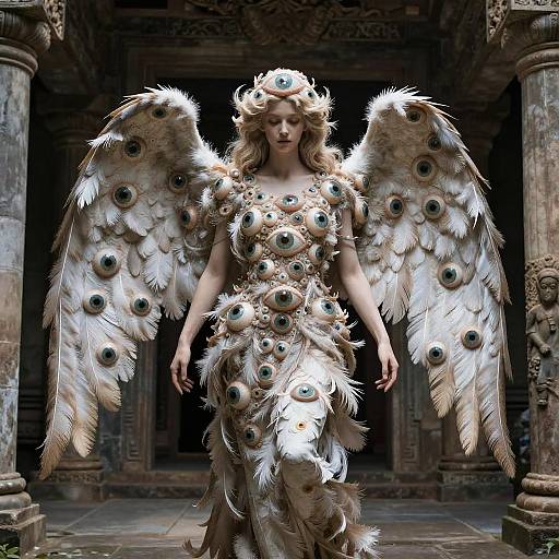 Mystical Eye-Covered Angel in Temple