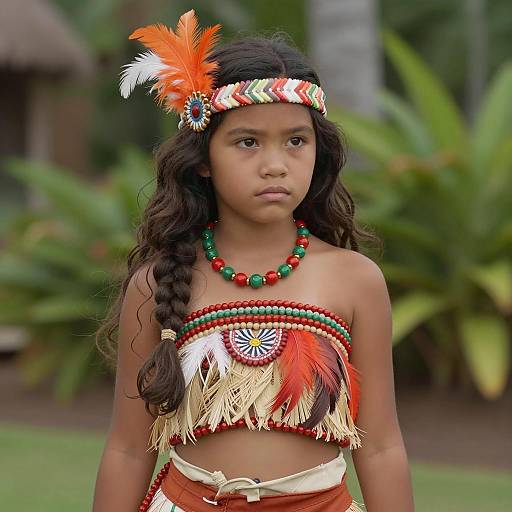 Young Girl in Tribal-Inspired Costume with Feathers