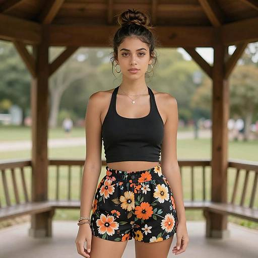 Photograph of a young woman with medium brown skin, dark hair in a bun, wearing a black crop top and floral black shorts, standing under a