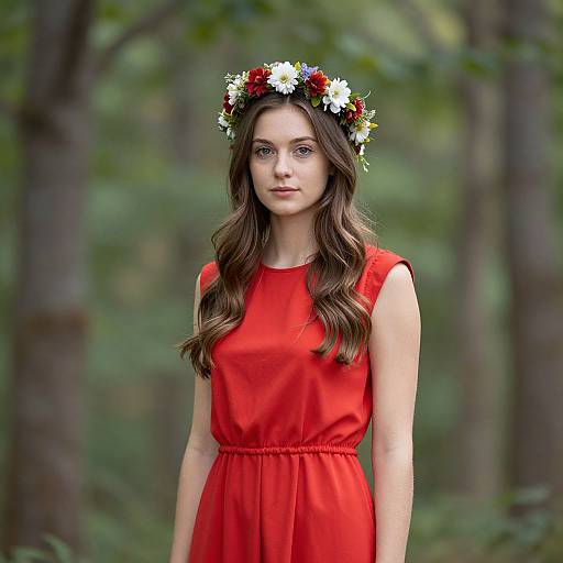 Photograph of a young woman with long brown hair, wearing a red dress and a flower crown, standing in a forest.