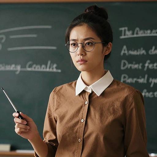 Thoughtful Woman Teaching by Chalkboard