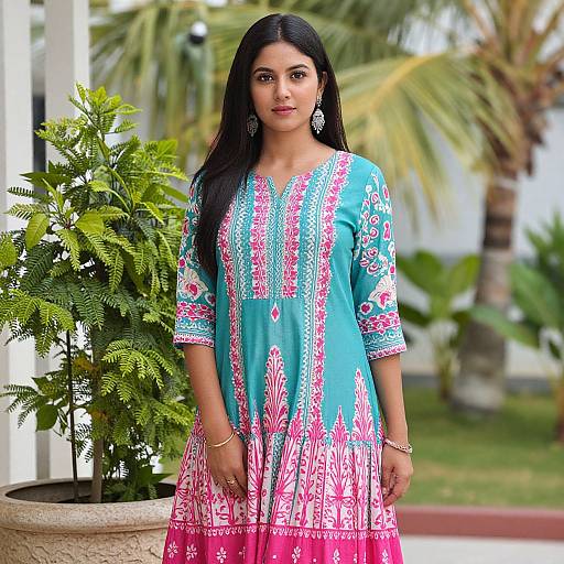 Female Model in Vibrant Tropical Outfit