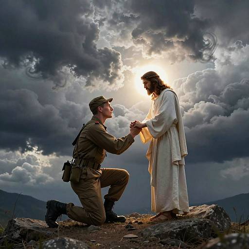 Photograph of a soldier kneeling, holding hands with a robed Jesus, under dramatic cloudy sky with sunlight breaking through.