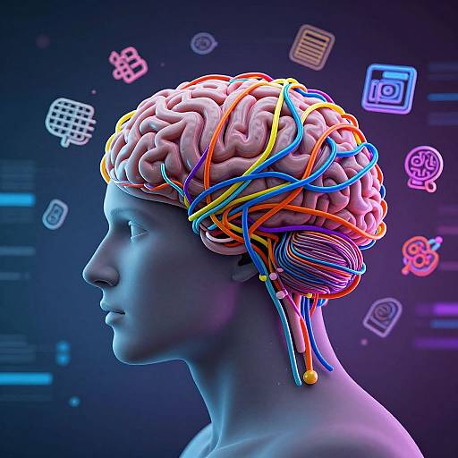 Digital CGI artwork of a blue-toned human head with exposed, colorful brain nerves, set against a neon, tech-themed background.