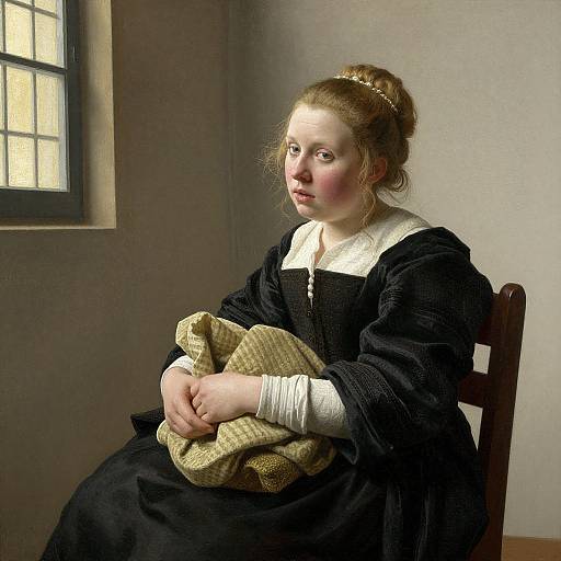 Photograph-style digital painting of a young Caucasian woman with fair skin, red hair in a bun, wearing a black dress with white collar, holding a