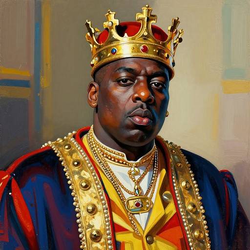 Digital painting of a dark-skinned African man wearing a gold crown, red robe, and golden chain, with regal, serious expression.
