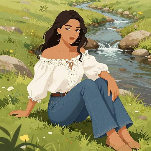 Digital illustration of a dark-haired woman with hoop earrings, white off-shoulder blouse, and blue jeans, sitting by a flowing creek in a grass
