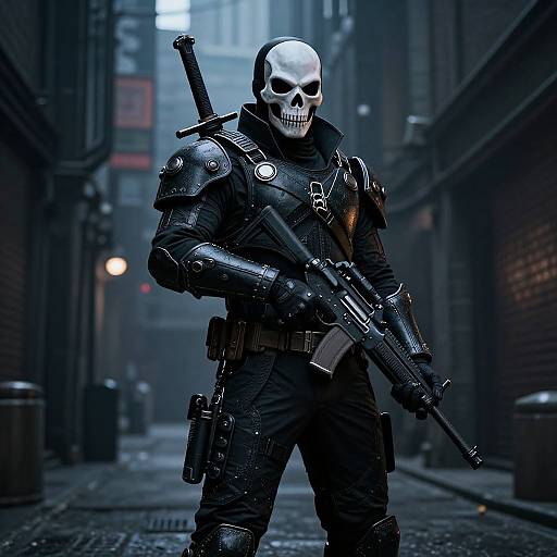 CGI image of a masked, armored soldier with a skull face standing in a dark, narrow alley with glowing streetlights. He holds a gun,
