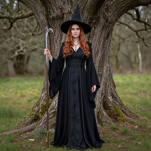 Photograph of a red-haired woman in a black witch costume with a pointed hat, holding a staff, standing against a large tree in a forest.