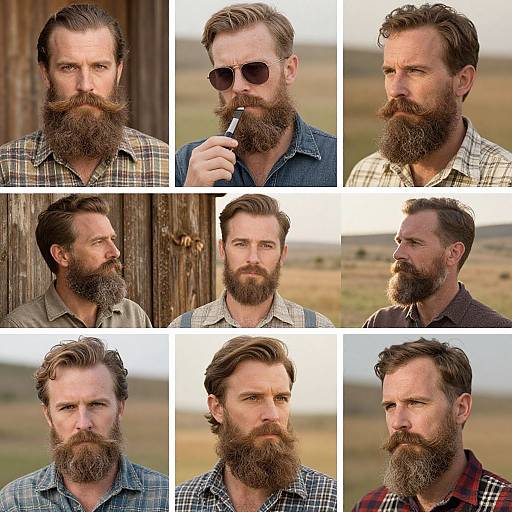 Photograph collage of a Caucasian man with a full brown beard and various hairstyles, wearing plaid shirts and sunglasses, in outdoor settings.
