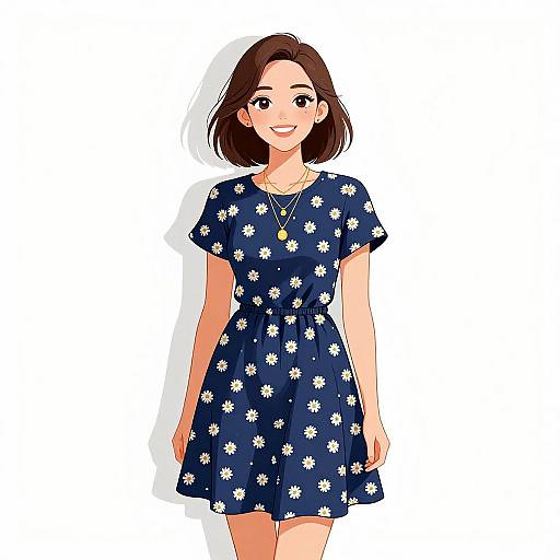 Digital anime-style illustration of a smiling young woman with short brown hair, wearing a navy blue floral dress and necklace, standing against a white background.